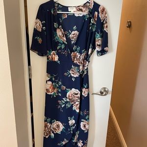 Navy and floral wrap around dress with tie